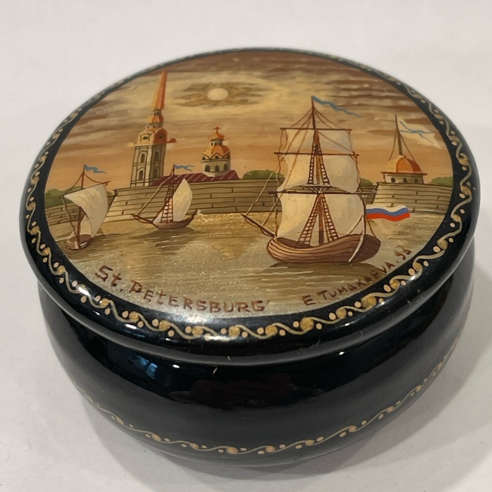 Vintage Lacquer Jewelry Box USSR Artist Hand Painted St. Petersburg Boats Marked